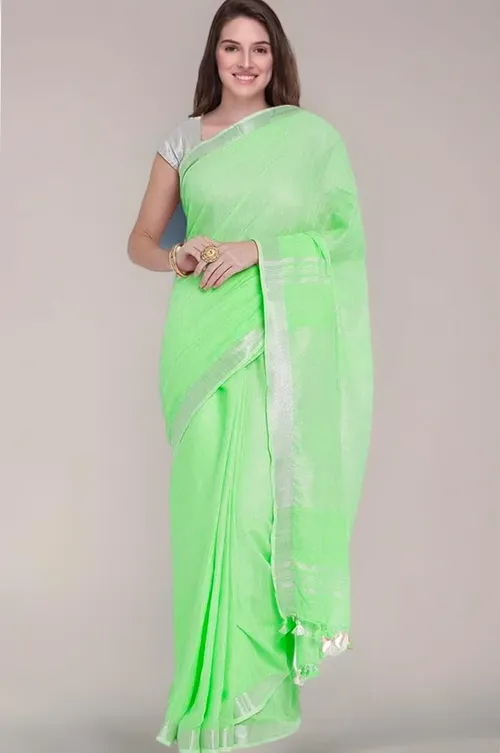 Lightweight Neon Green Linen Saree with Silver Zari Border